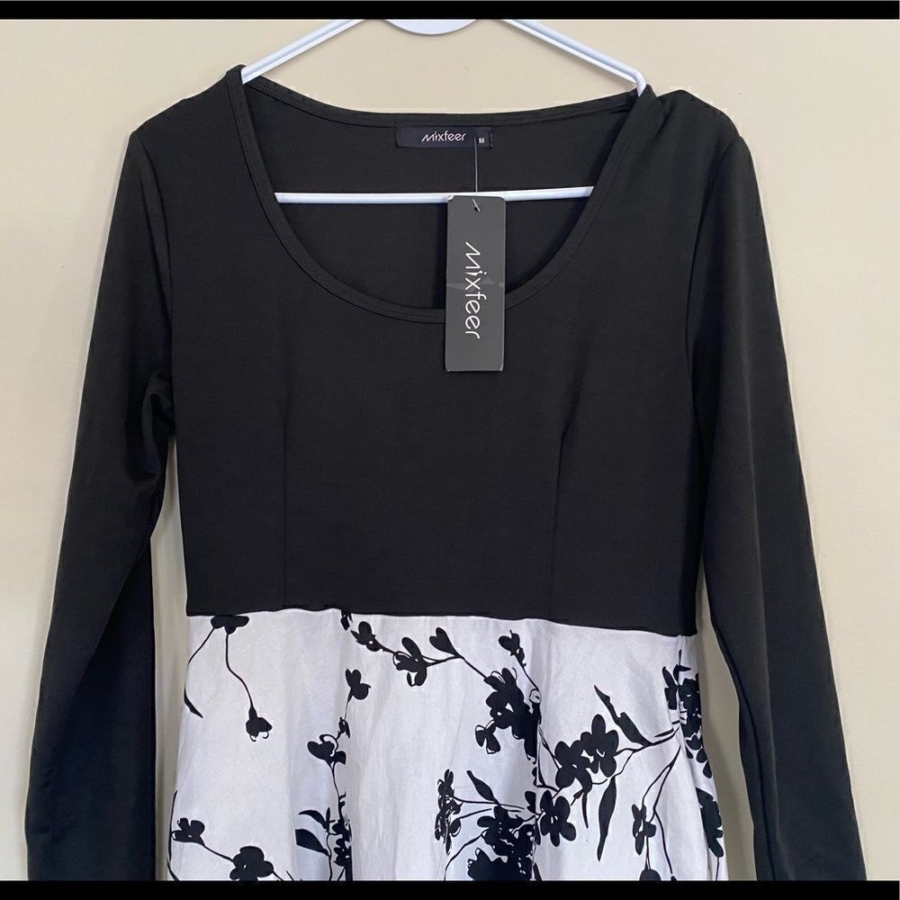 Mixfeer Dress Black White Floral Long Sleeve Womens Size Medium NEW - Picture 3 of 8